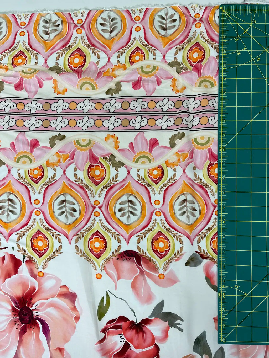 Pink Floral on Cream With Multicolor Border | Viscose | Made in Italy