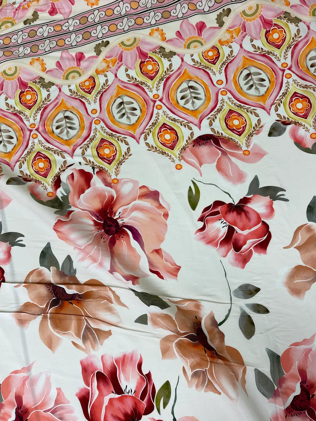 Pink Floral on Cream With Multicolor Border | Viscose | Made in Italy