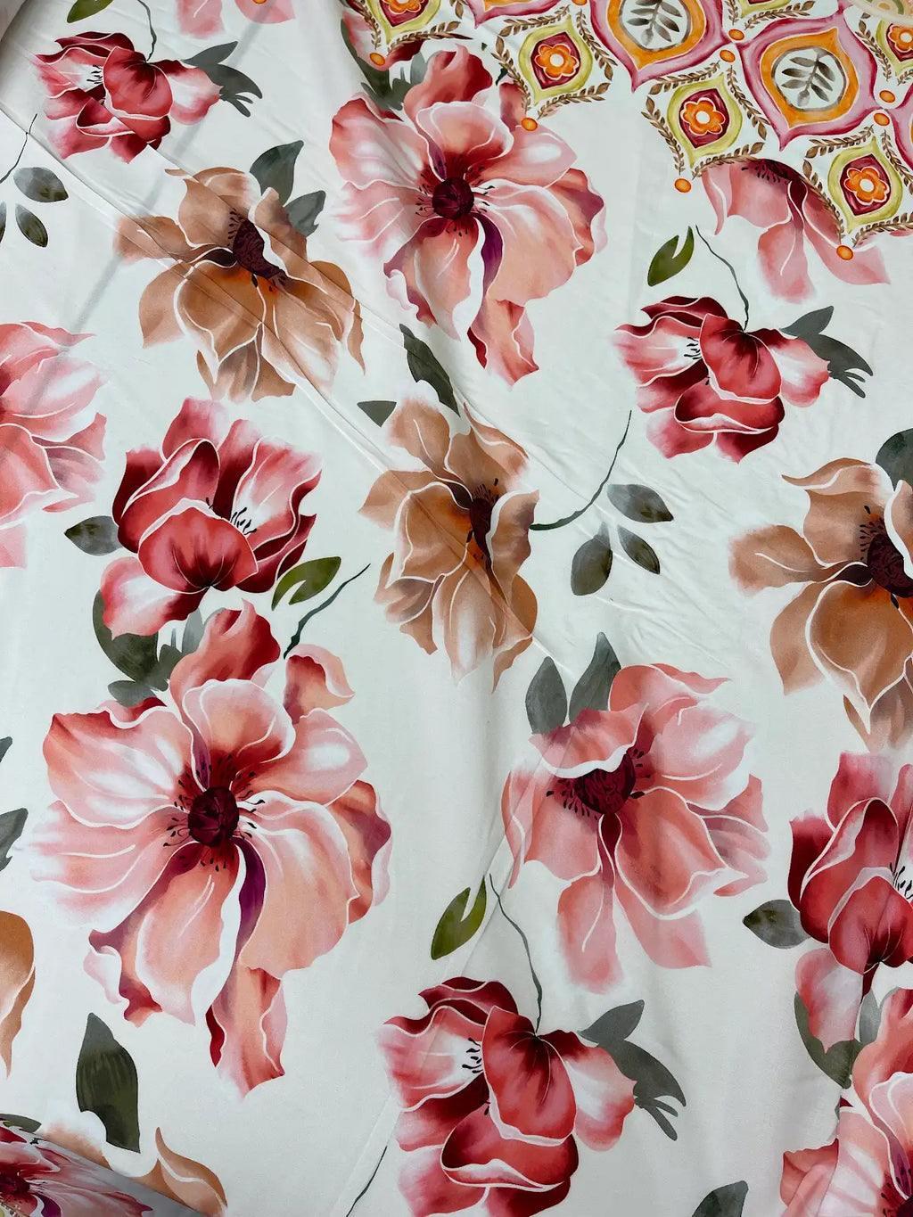 Pink Floral on Cream With Multicolor Border | Viscose | Made in Italy