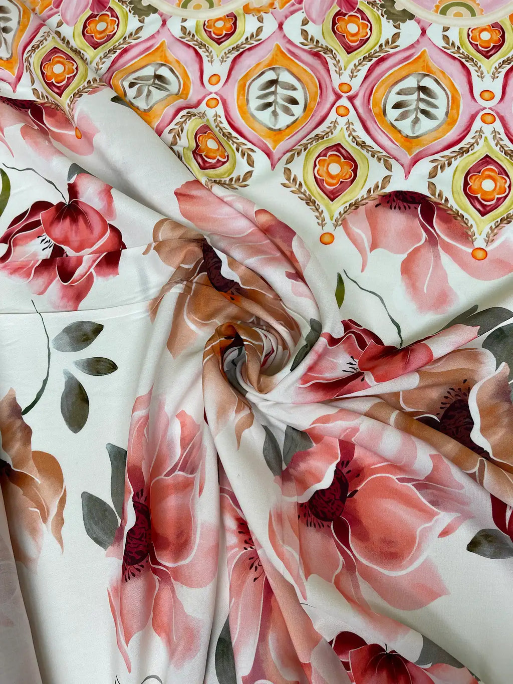 Pink Floral on Cream With Multicolor Border | Viscose | Made in Italy