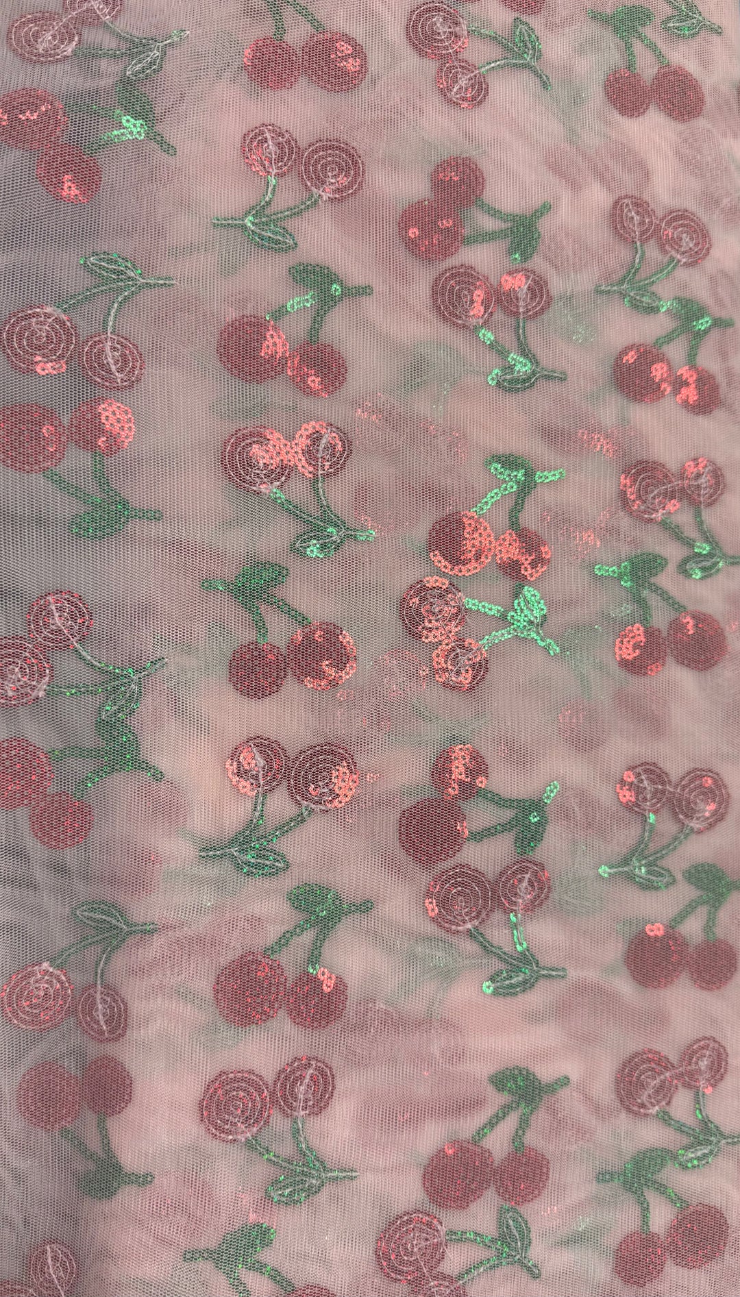 Sequin Cherries on Pink Mesh | Sequined Mesh