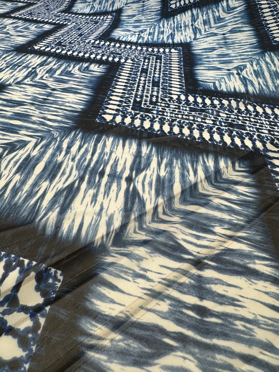 White with blue geometric patterns | Chiffon