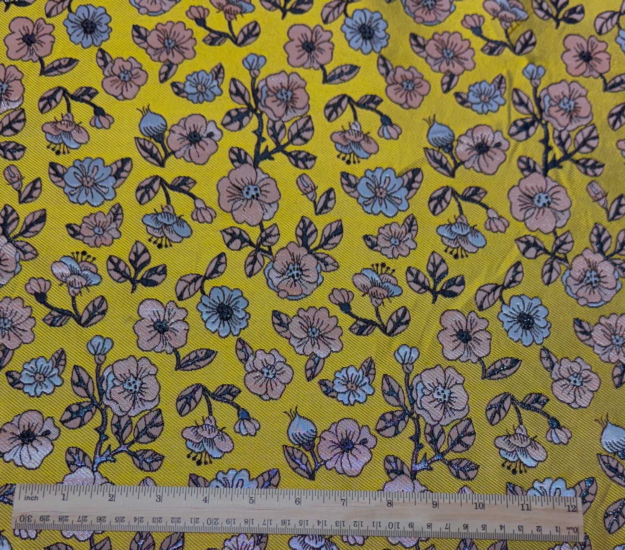 Yellow Metallic with Pink and Blue Floral | Italian Silk Blend | Made in Italy