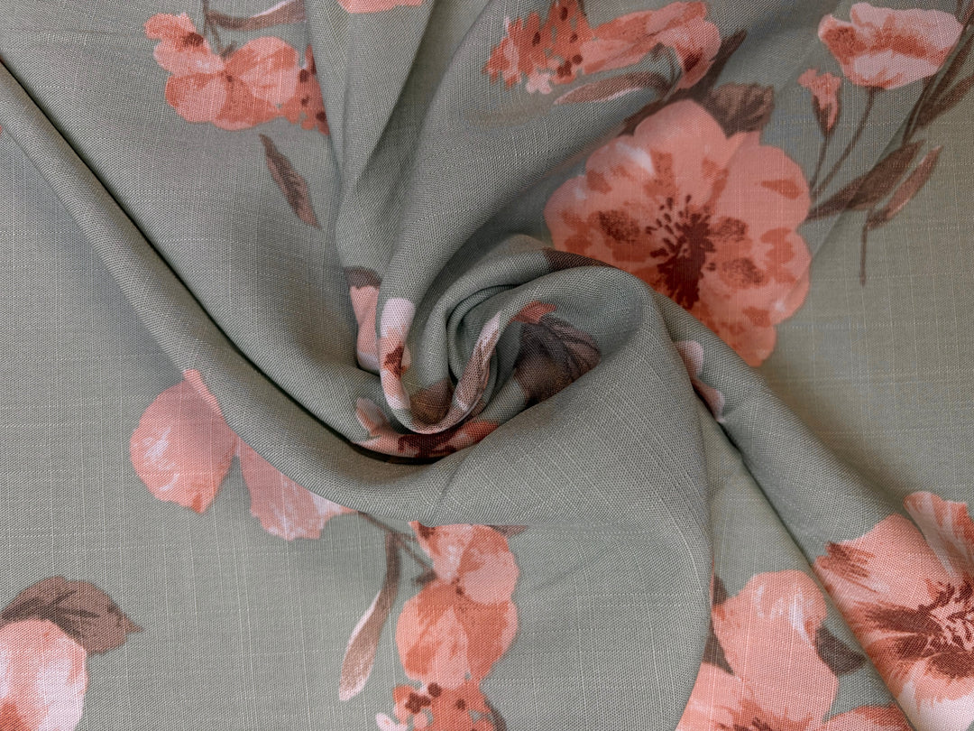 Pink Florals on Green | Rayon Linen Blend