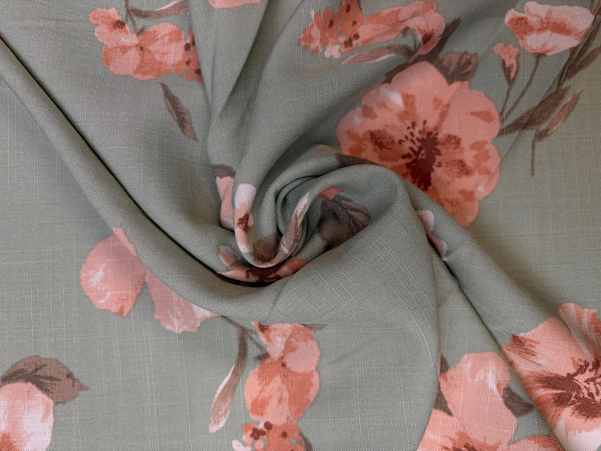 Pink Florals on Green | Rayon Linen Blend