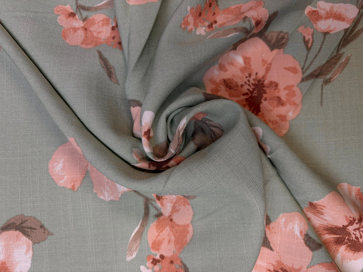 Pink Florals on Green | Rayon Linen Blend