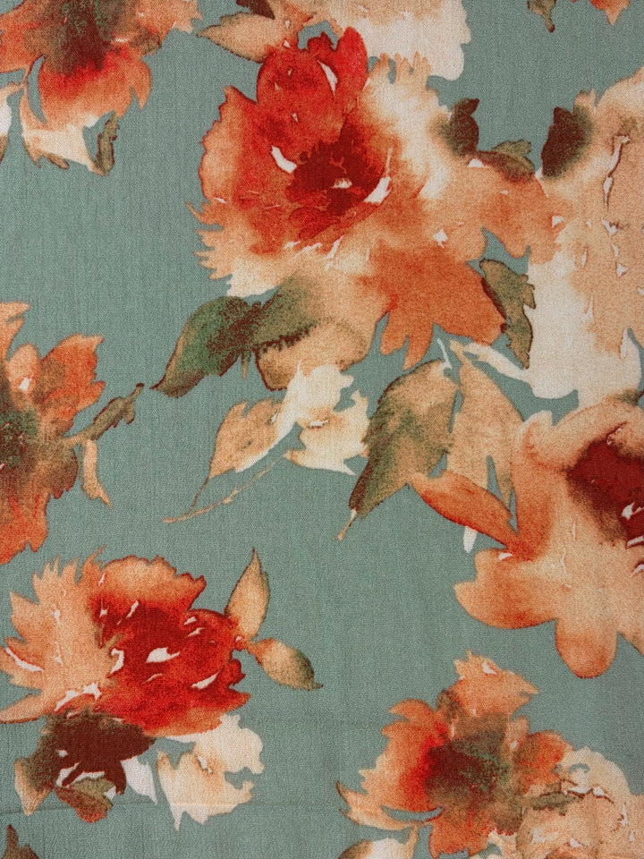 Rose Floral on Laurel Green | Rayon Crinkle