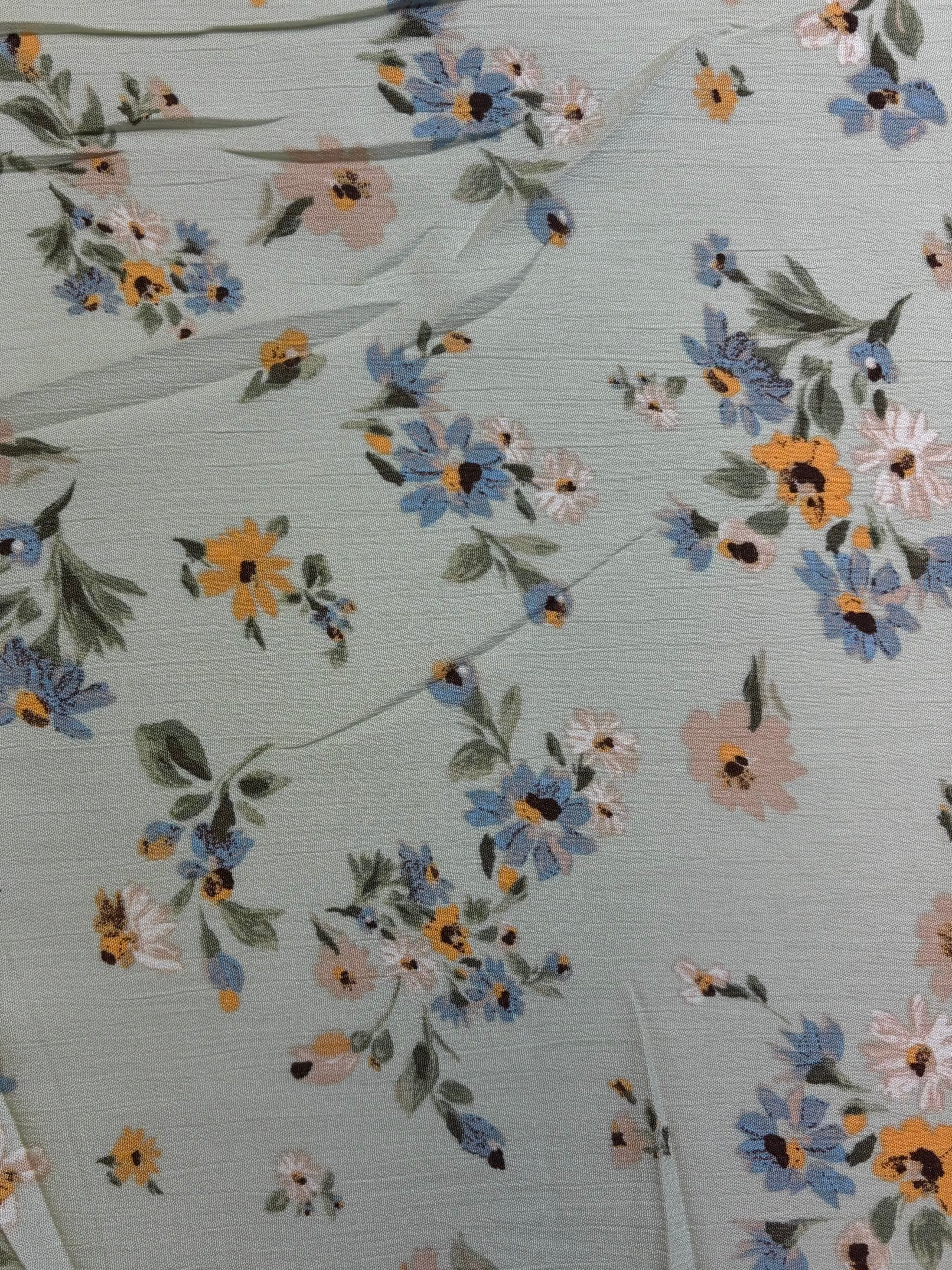 Blue Yellow Floral on Sage Green | Rayon Crinkle
