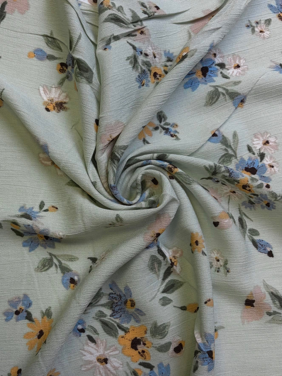 Blue Yellow Floral on Sage Green | Rayon Crinkle
