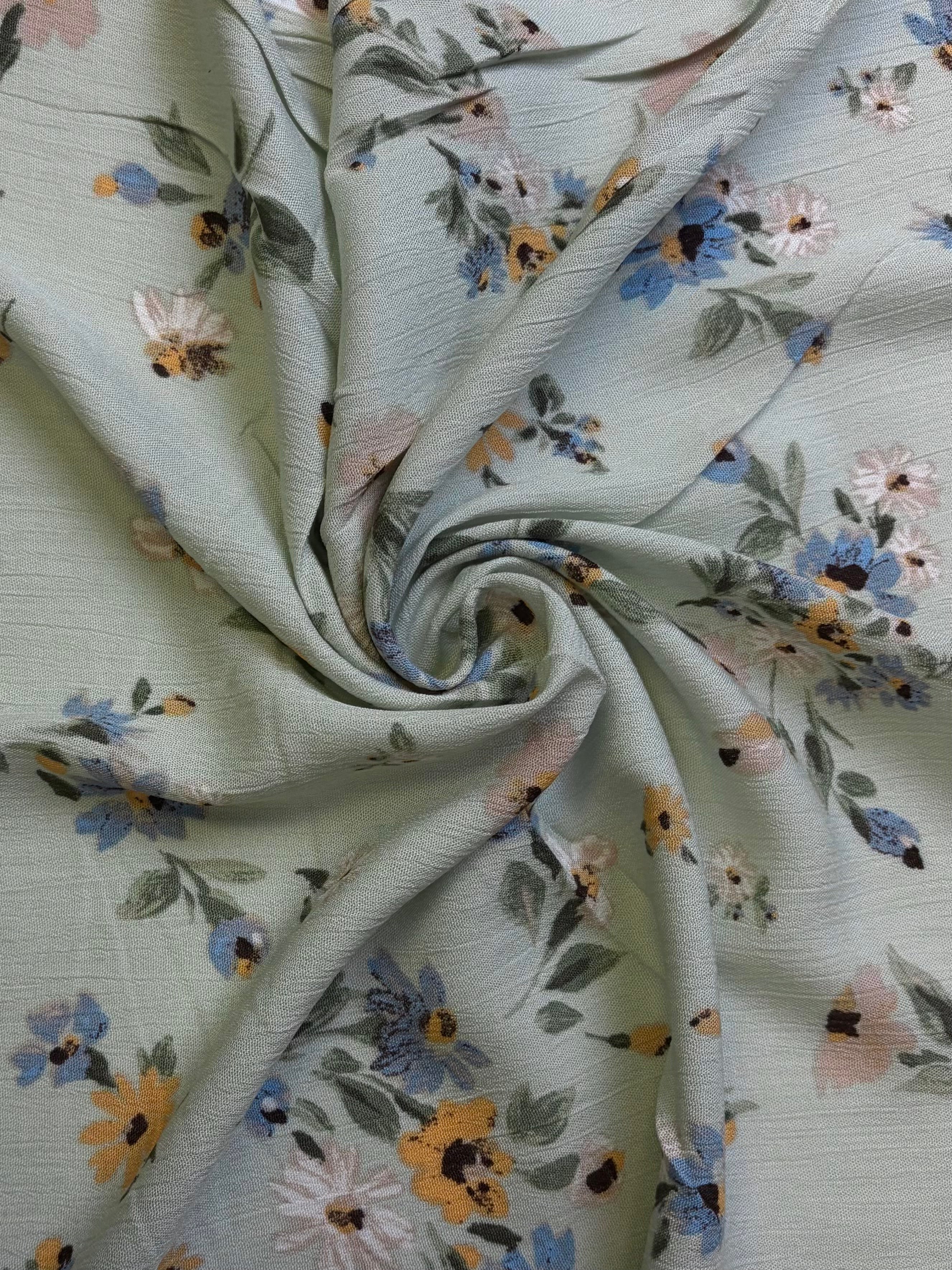 Blue Yellow Floral on Sage Green | Rayon Crinkle