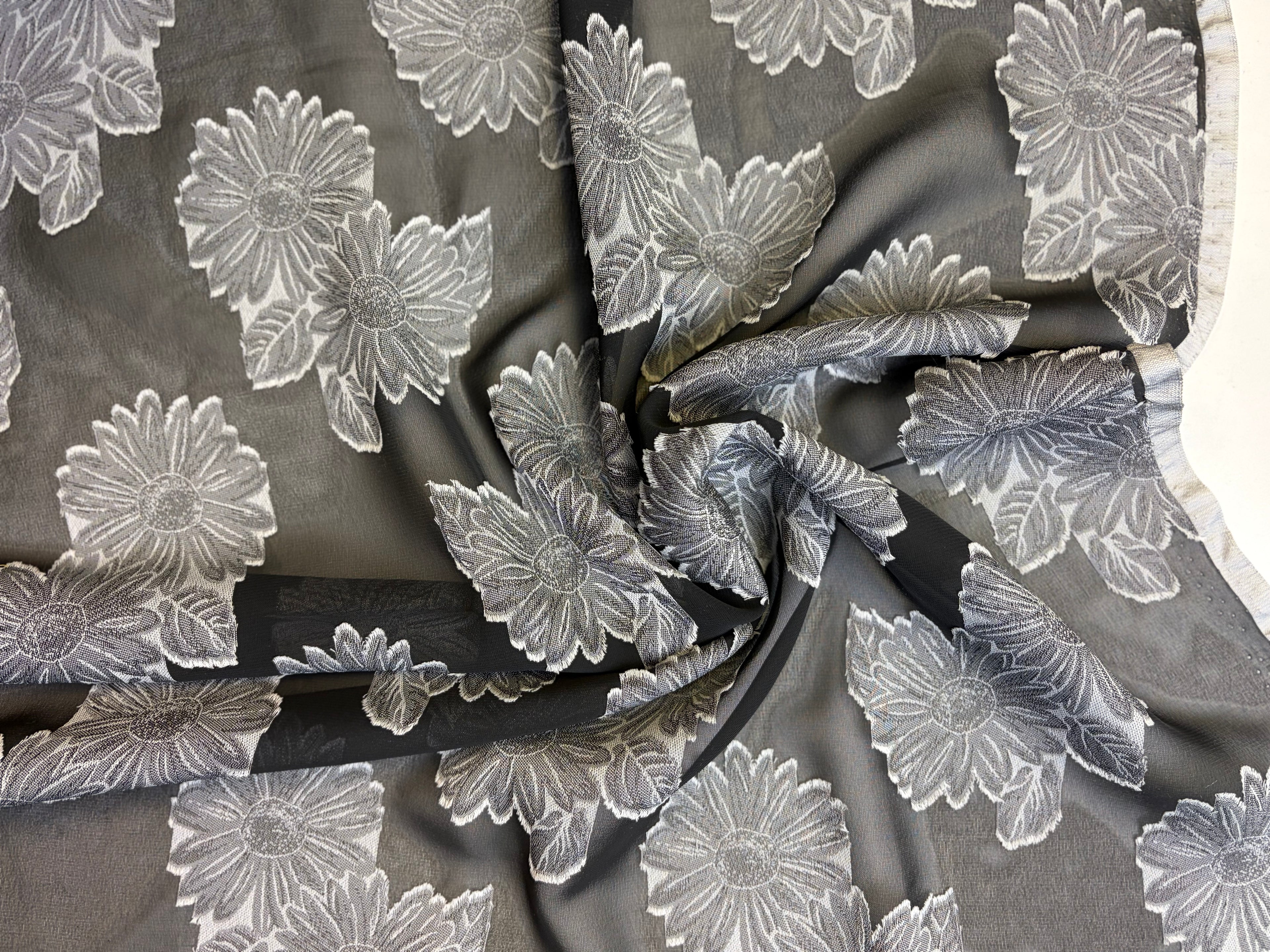 Black with Gray Flowers | Jacquard Chiffon