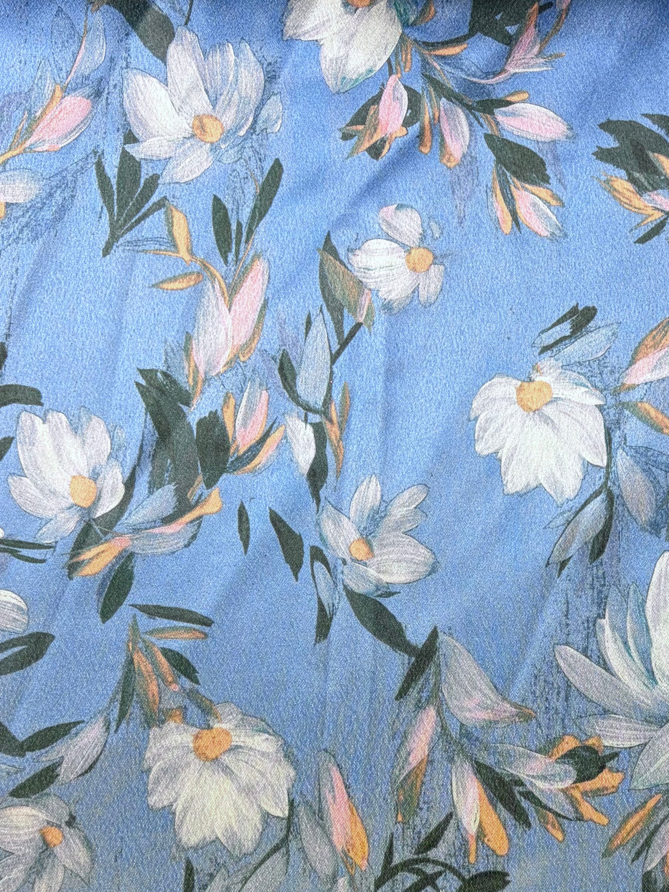 Blue Printed Floral Shiny Charmeuse