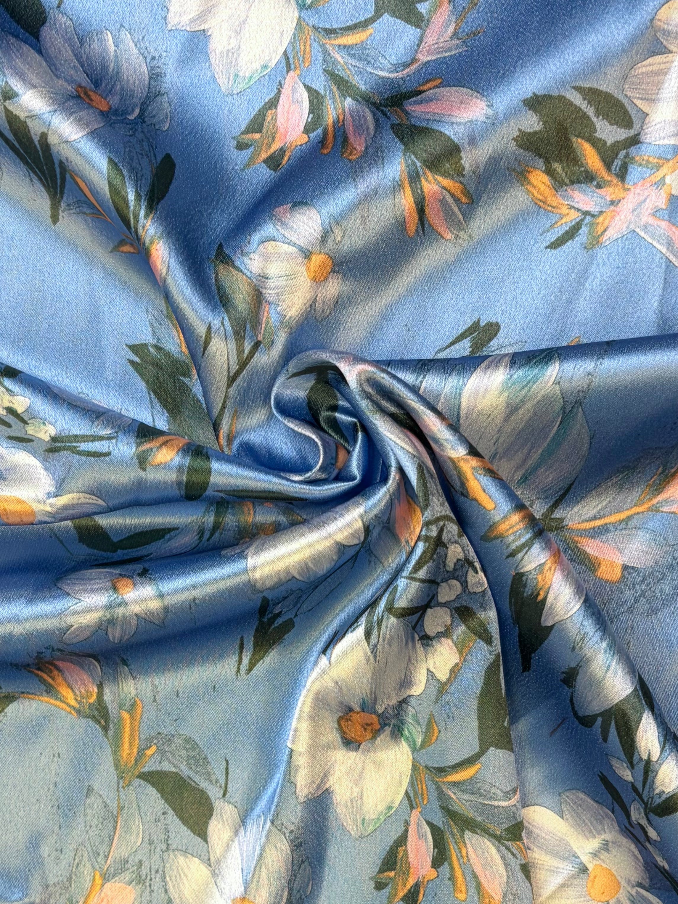 Blue Printed Floral Shiny Charmeuse