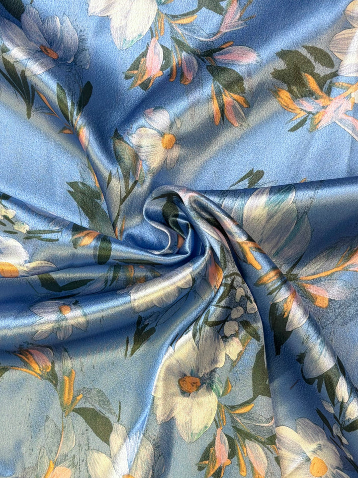 Blue Printed Floral Shiny Charmeuse