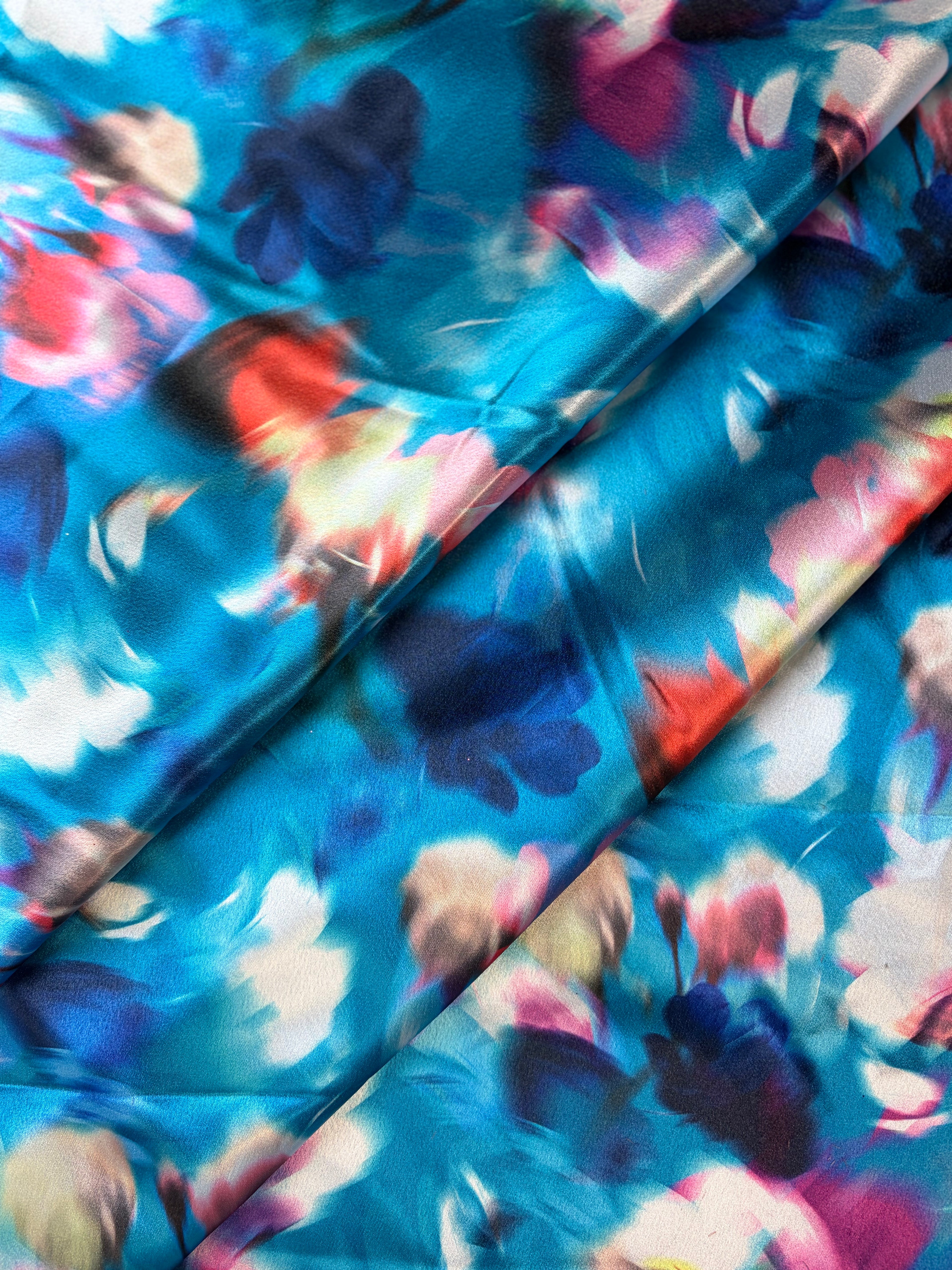 Blue Blurred Floral Shiny Charmeuse