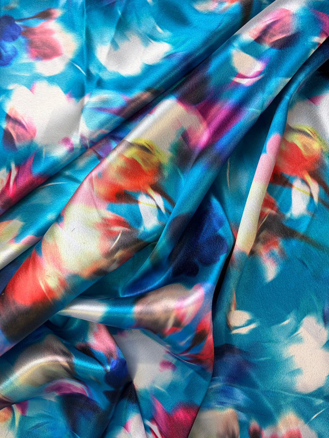 Blue Blurred Floral Shiny Charmeuse
