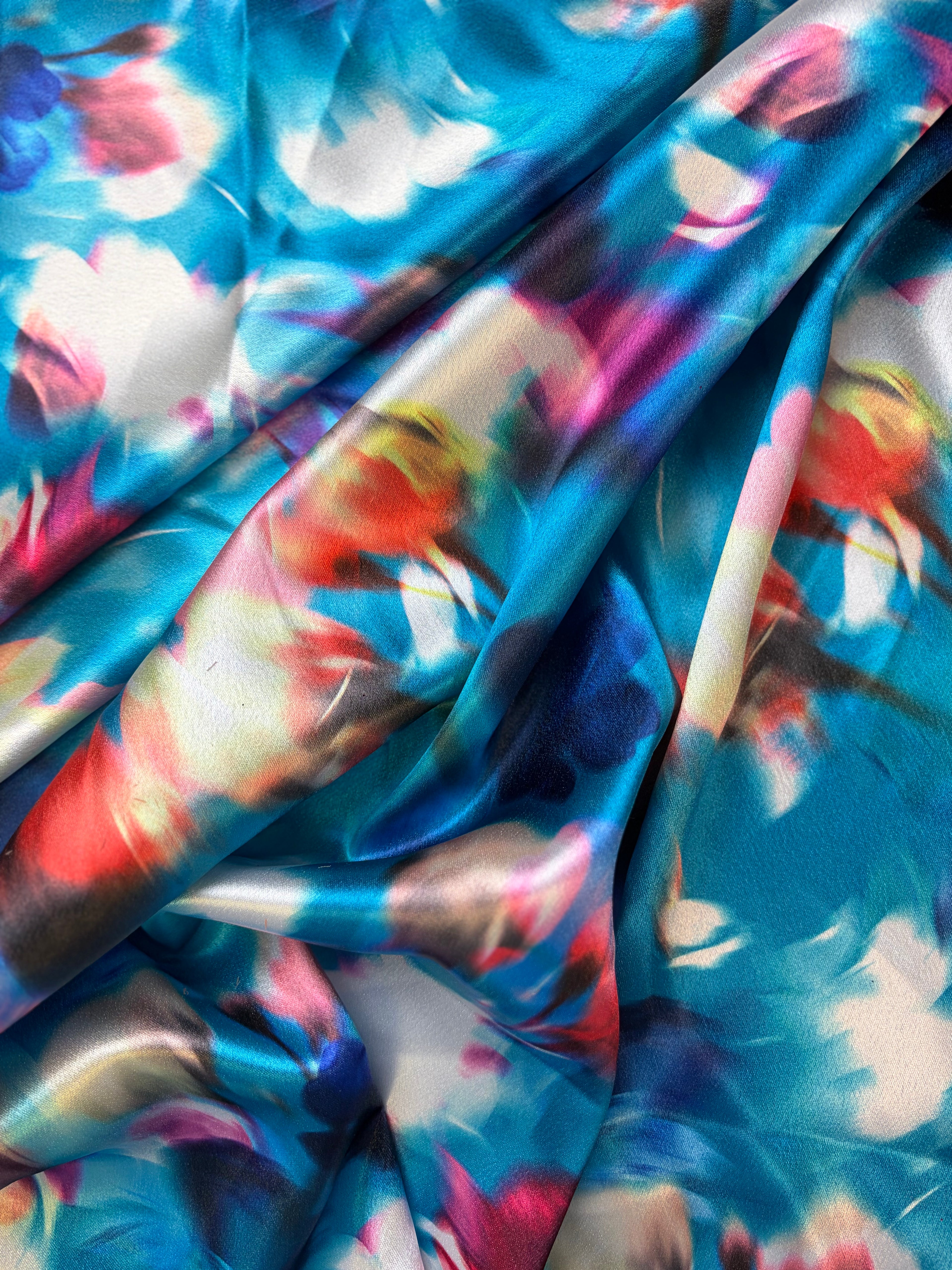 Blue Blurred Floral Shiny Charmeuse