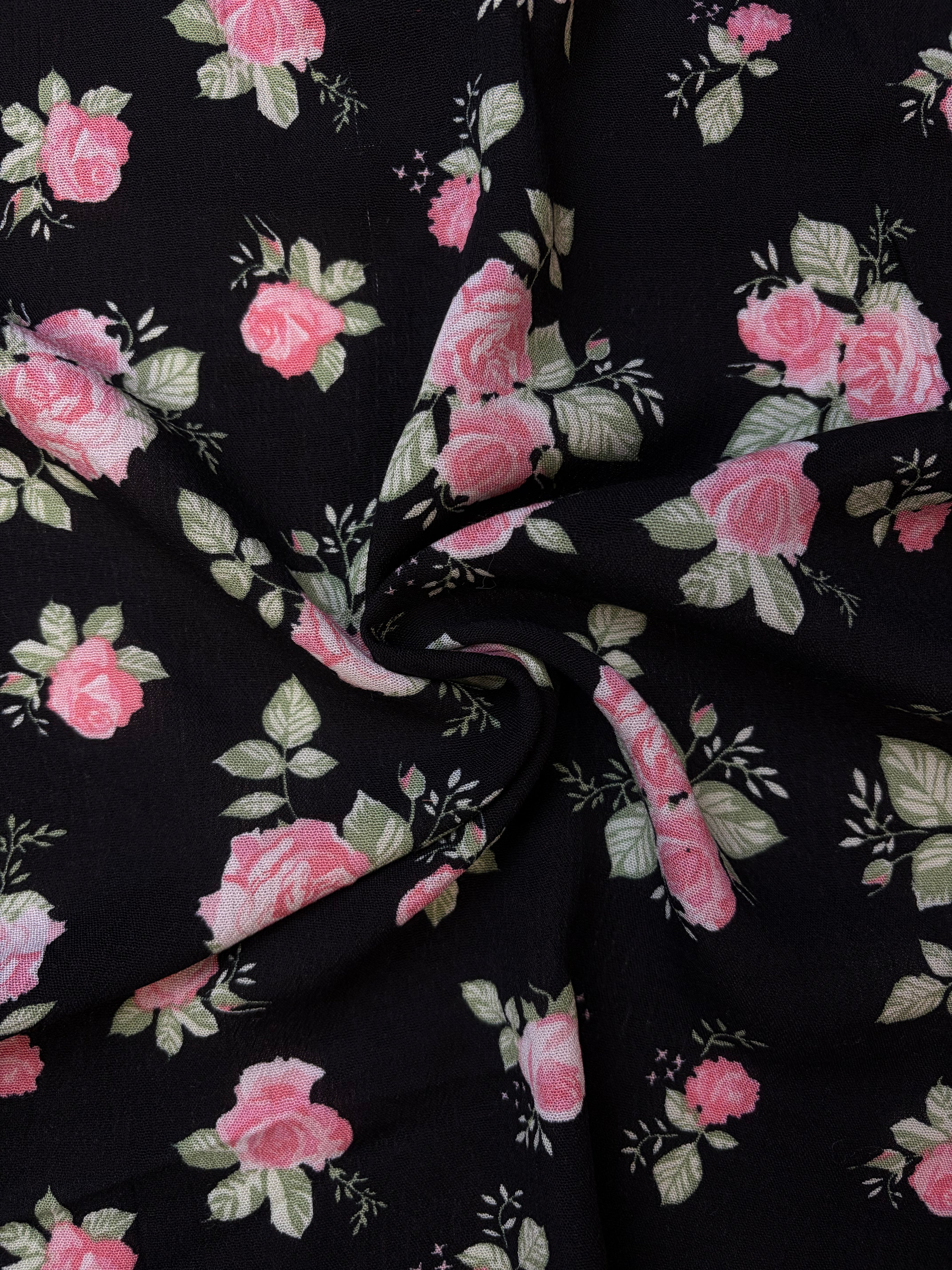 Black Floral Rose Crinkle Rayon