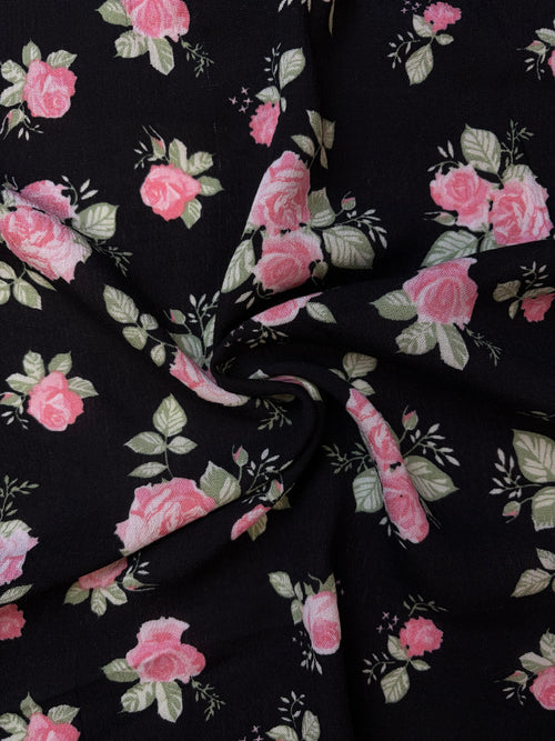 Black Floral Rose Crinkle Rayon