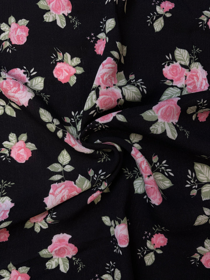 Black Floral Rose Crinkle Rayon