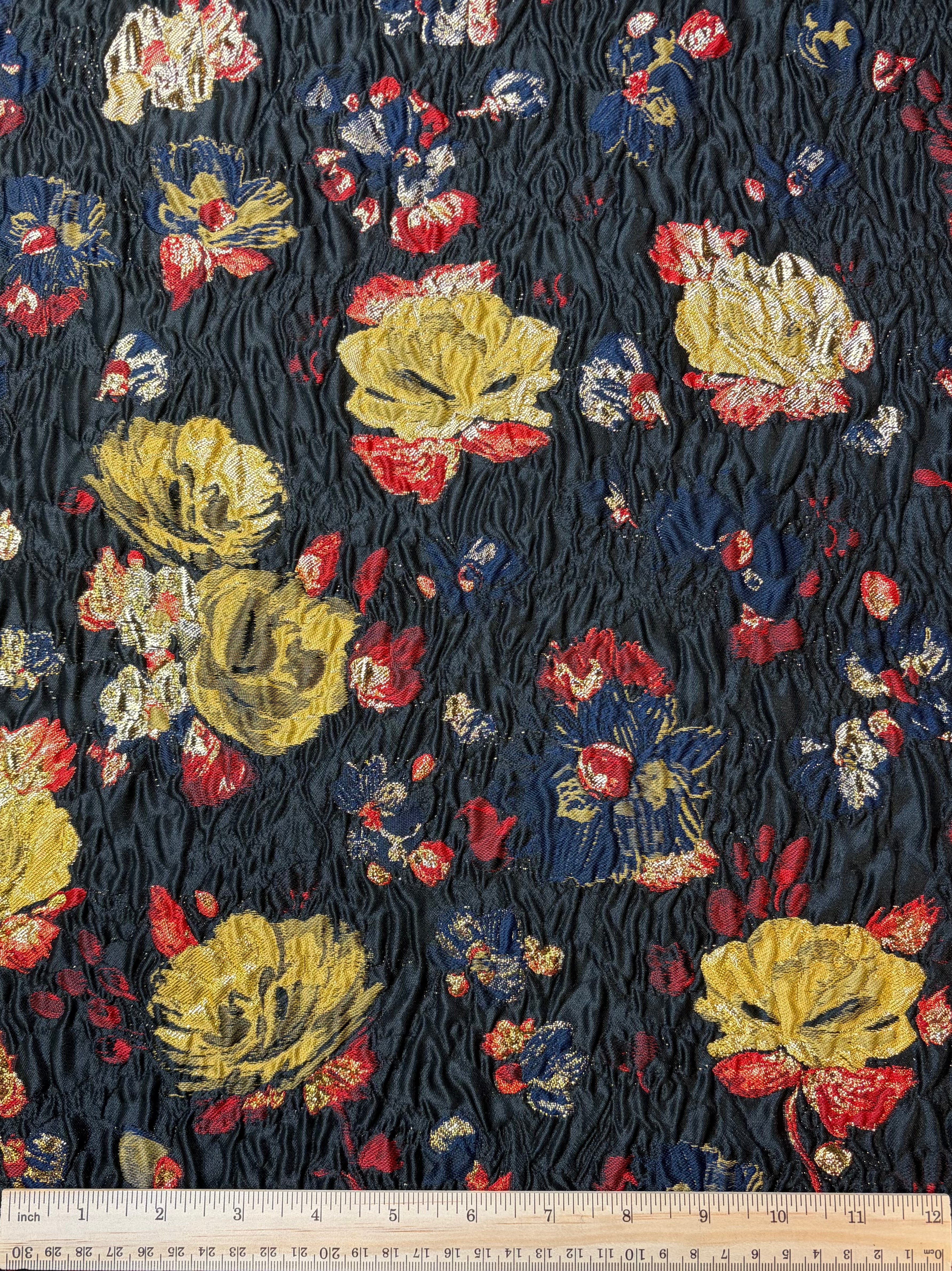 Abstract Crinkle in Black with Gold and Red | Metallic Jacquard Brocade| Made in Italy