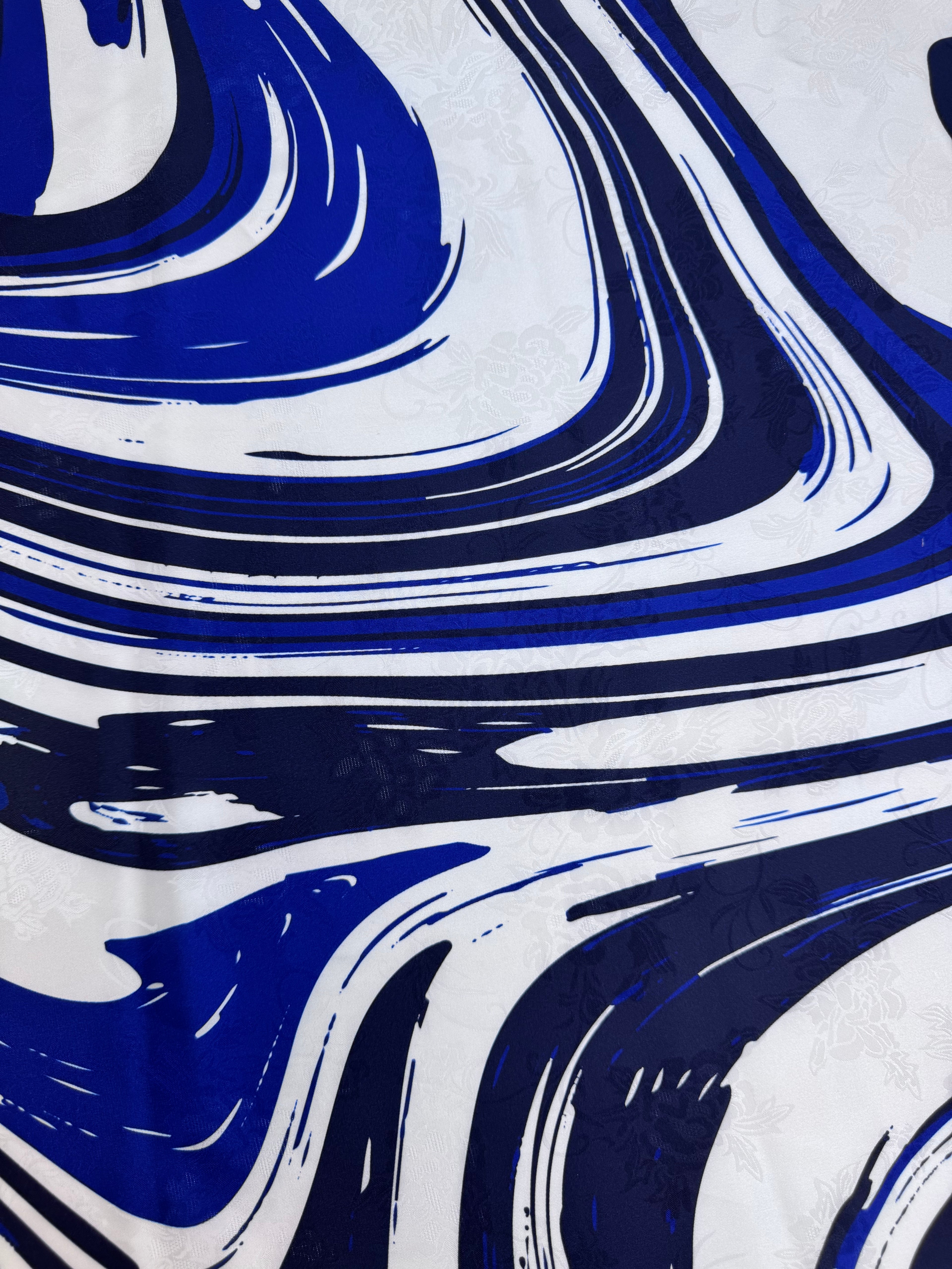 Designer Fabric White with Blue Swirls | Silky Satin