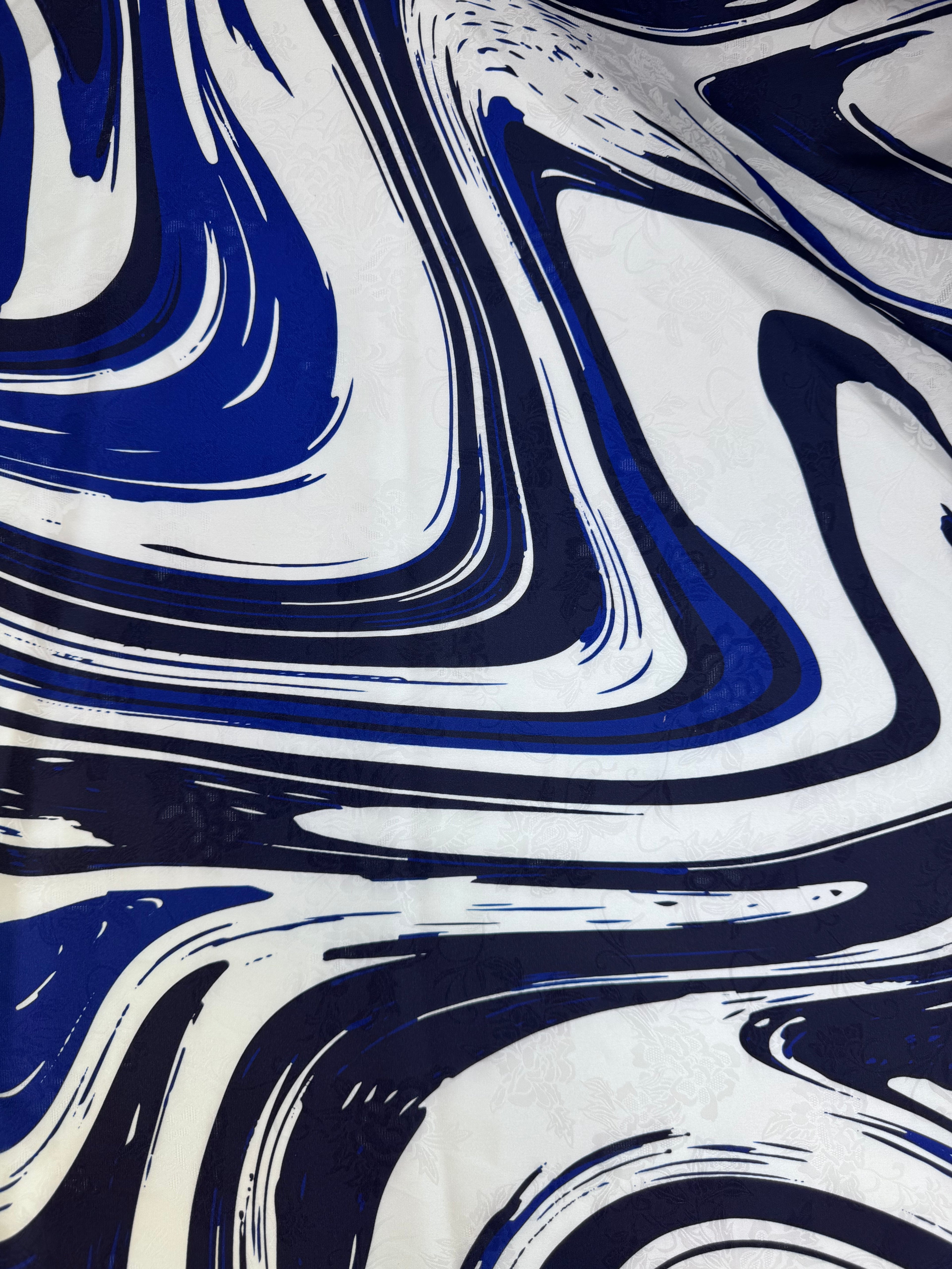 Designer Fabric White with Blue Swirls | Silky Satin