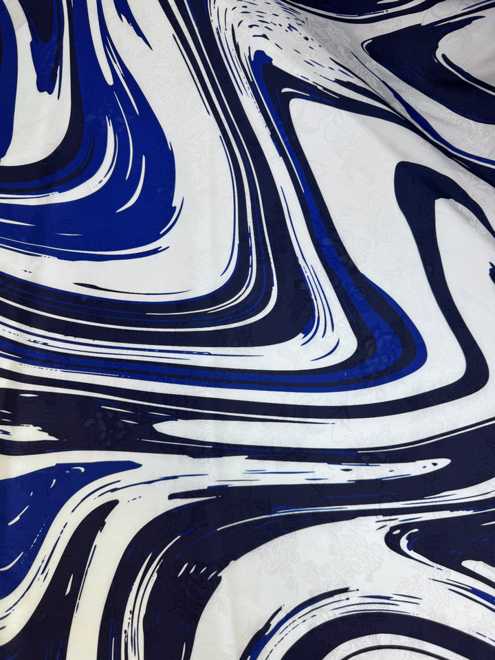 Designer Fabric White with Blue Swirls | Silky Satin