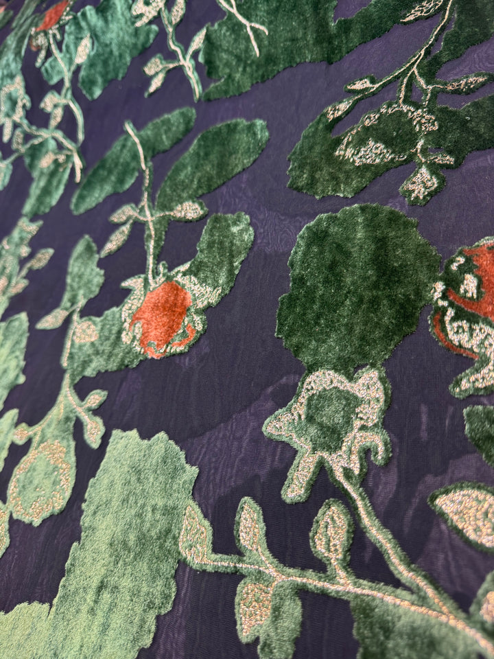 Black with Green Flowers | Silk Burnout Velvet