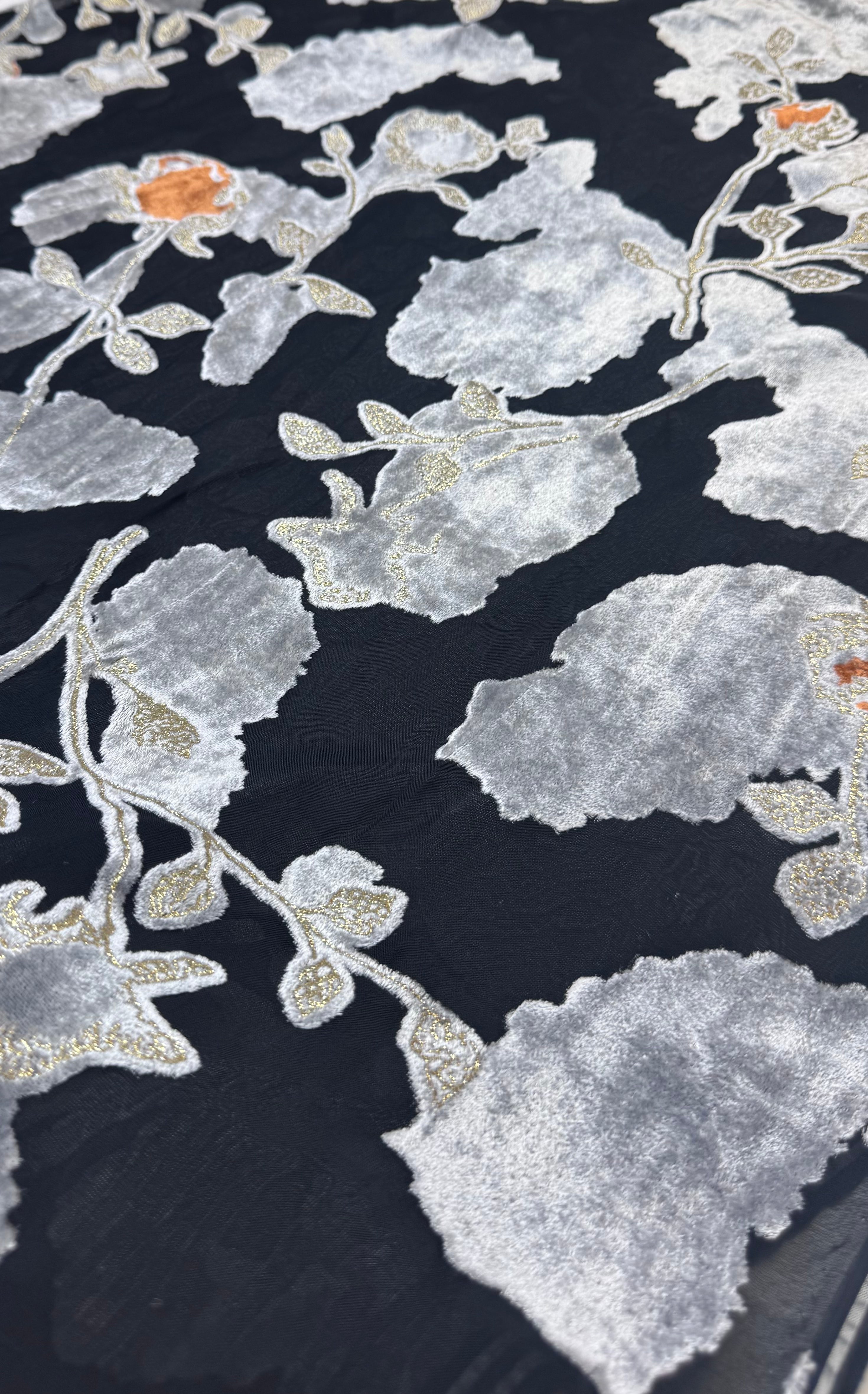 Black with Silver Flowers | Silk Burnout Velvet