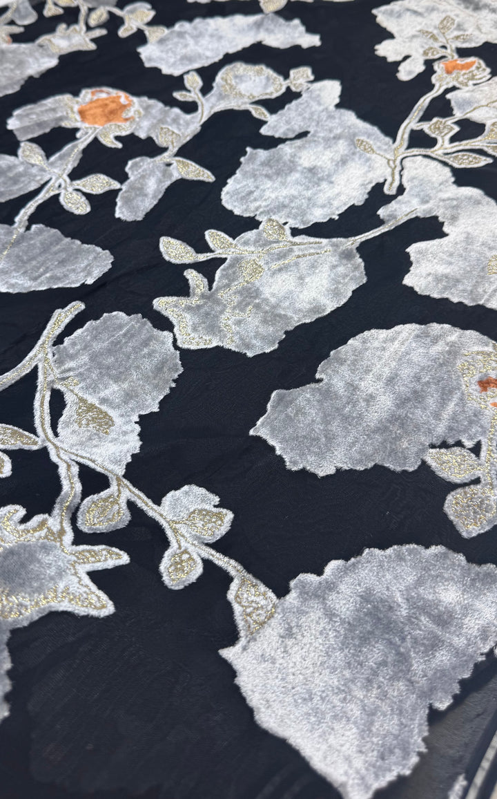 Black with Silver Flowers | Silk Burnout Velvet