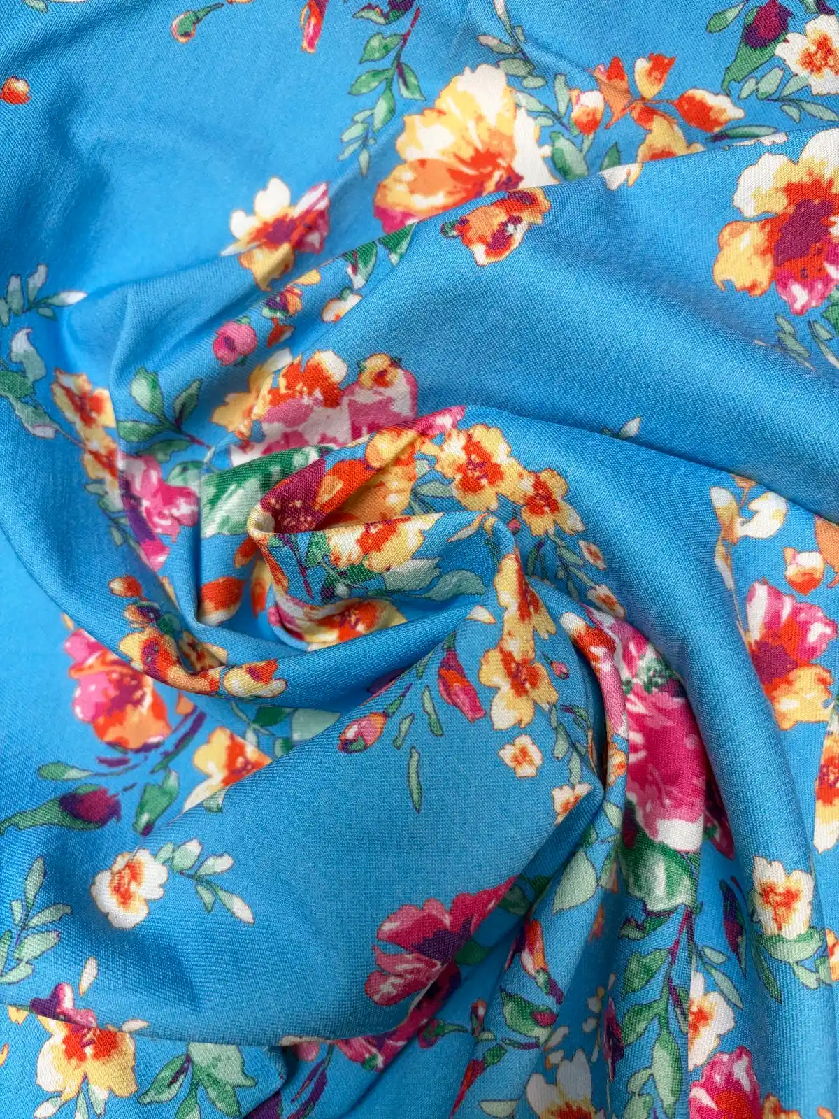 Multi Color Flowers on Sky Blue | Cotton Spandex