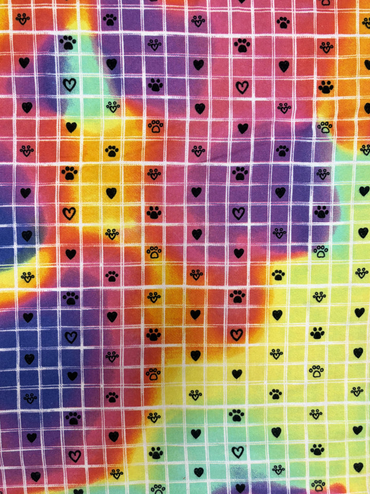 Multicolor Grid with Paw Prints | Cotton Flannel