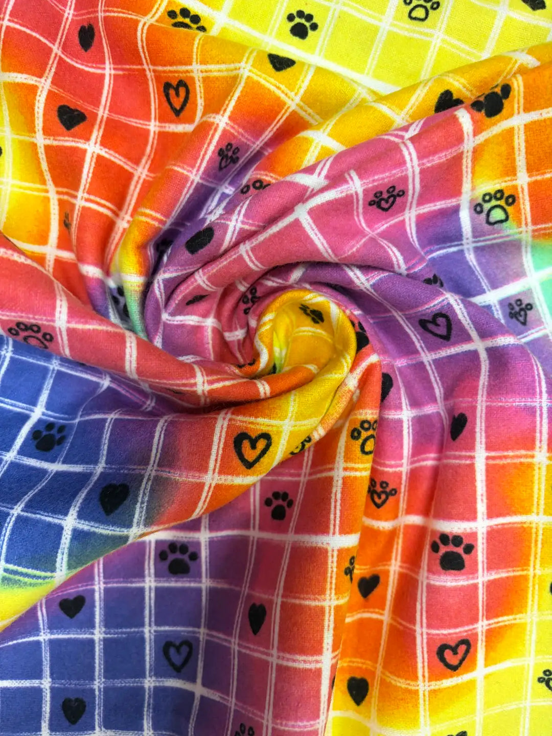 Multicolor Grid with Paw Prints | Cotton Flannel