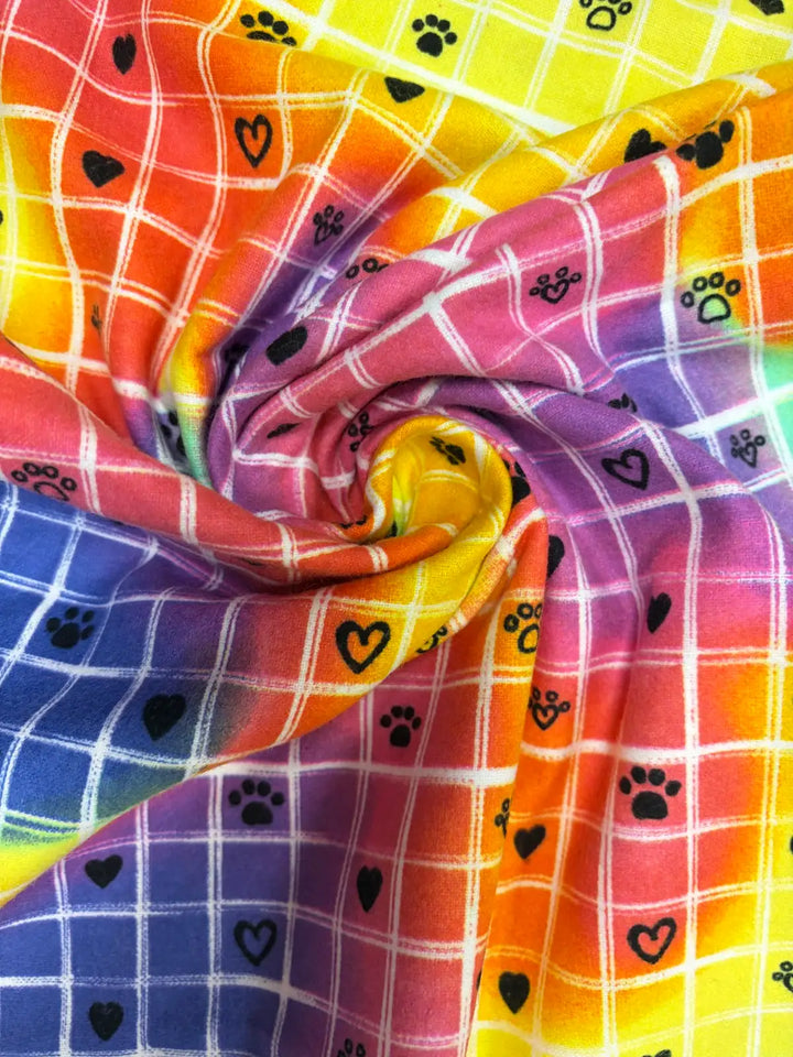 Multicolor Grid with Paw Prints | Cotton Flannel