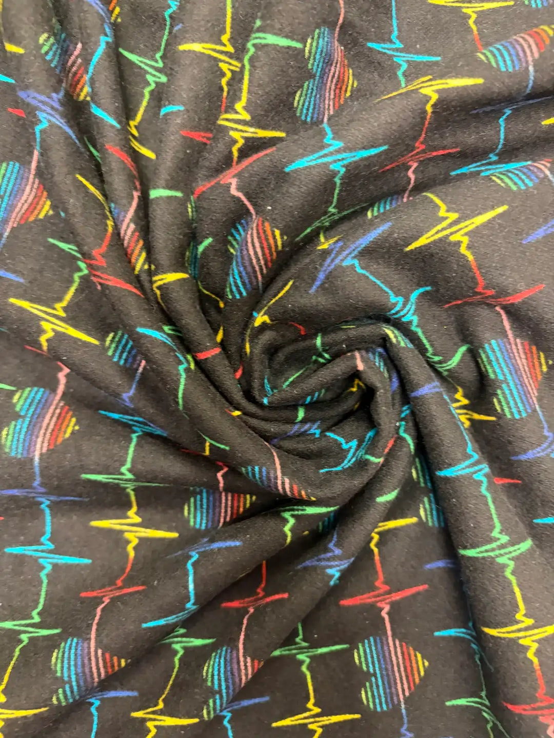 Multicolor Heartbeat on Black | Cotton Flannel