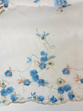 Blue and Pink Bordered Floral Embroidery on White Mesh | Lace