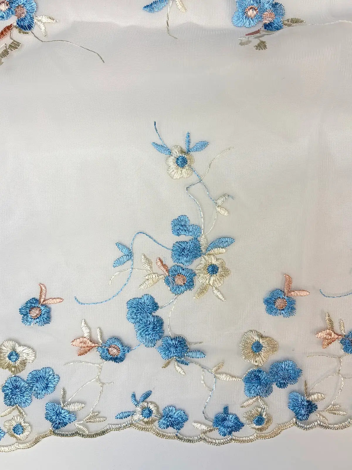 Blue and Pink Bordered Floral Embroidery on White Mesh | Lace
