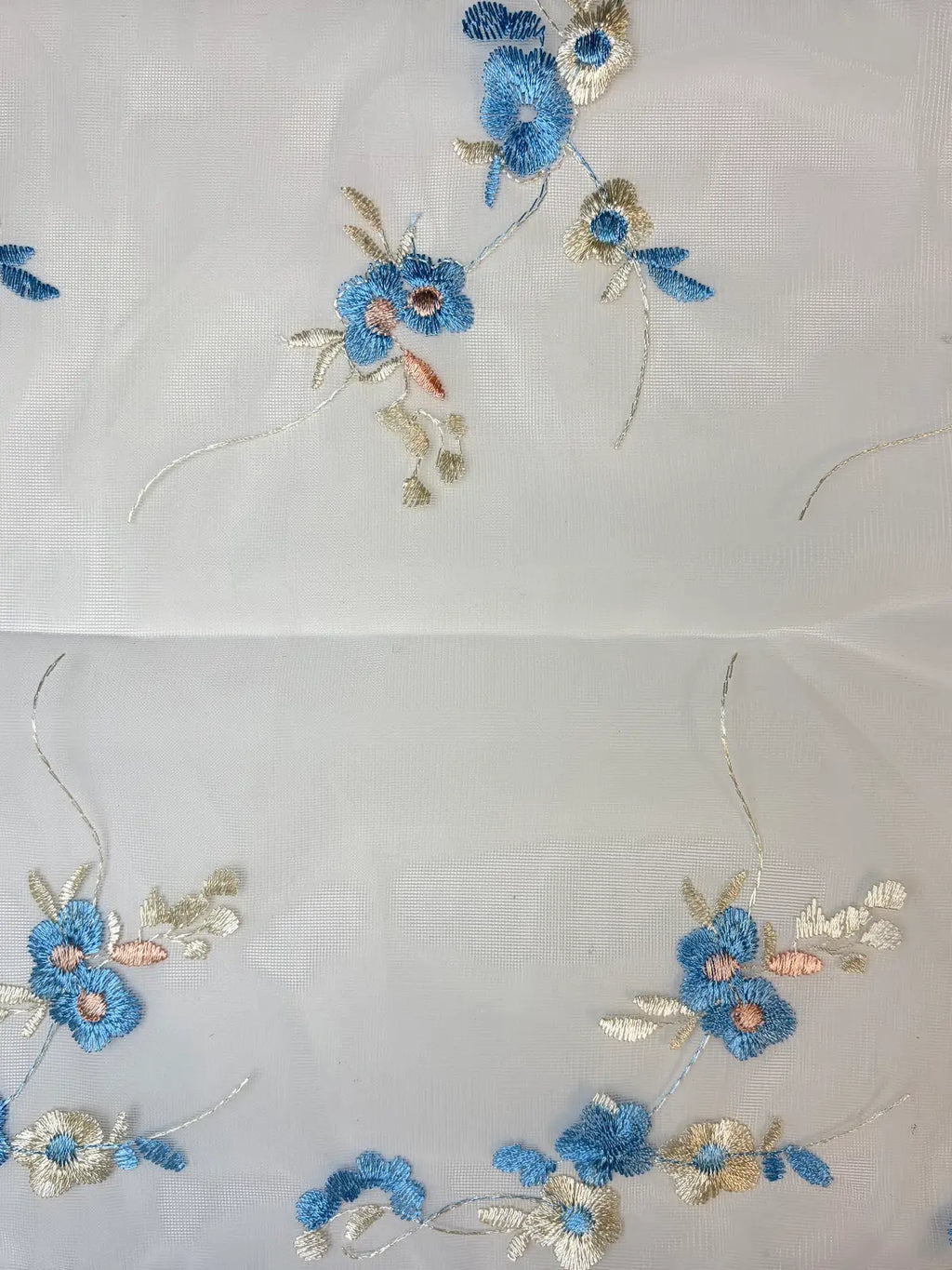 Blue and Pink Bordered Floral Embroidery on White Mesh | Lace