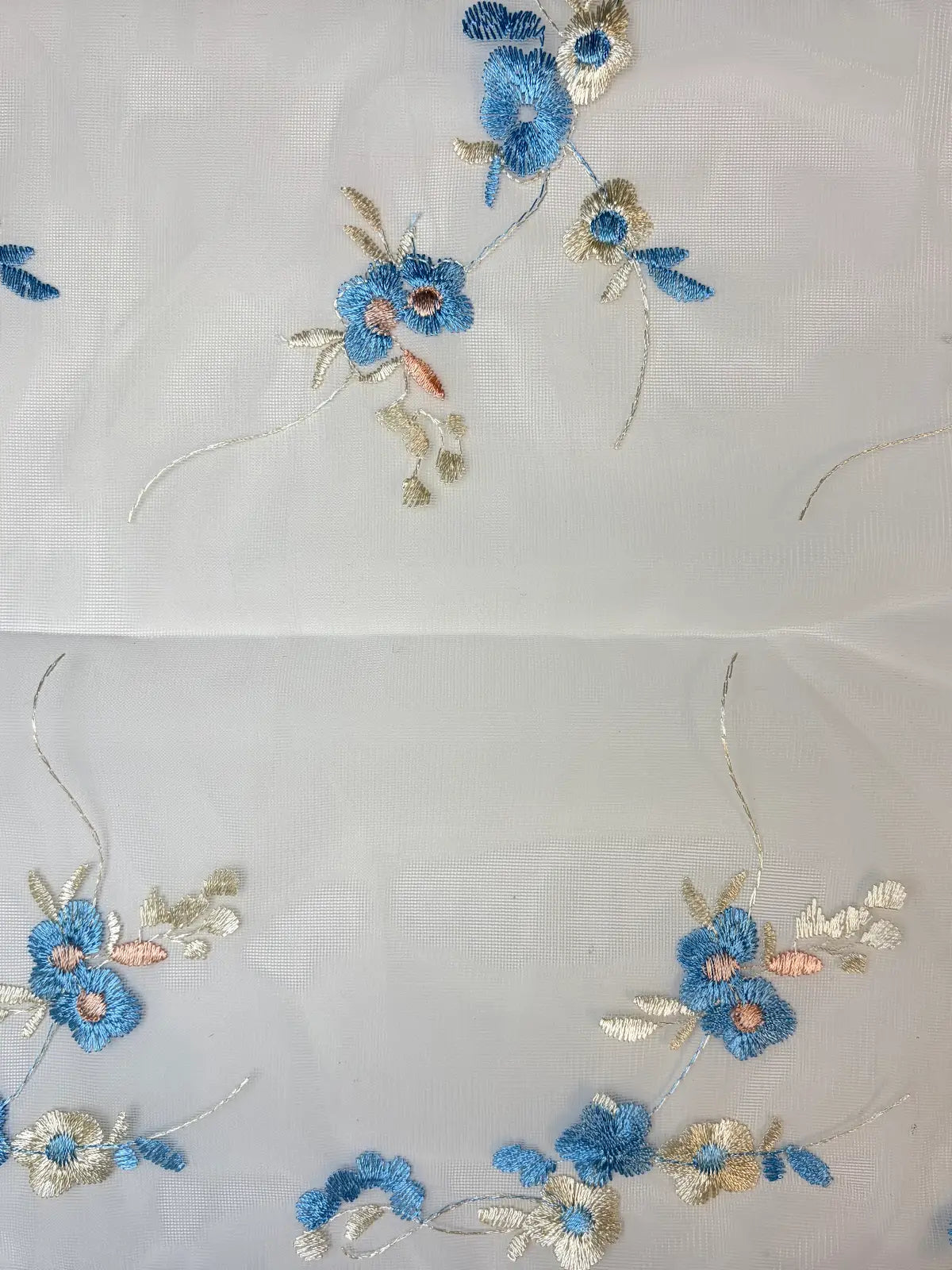 Blue and Pink Bordered Floral Embroidery on White Mesh | Lace