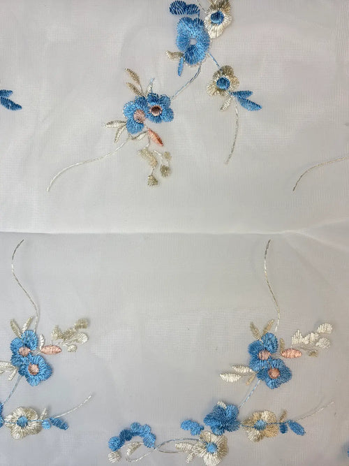 Blue and Pink Bordered Floral Embroidery on White Mesh | Lace