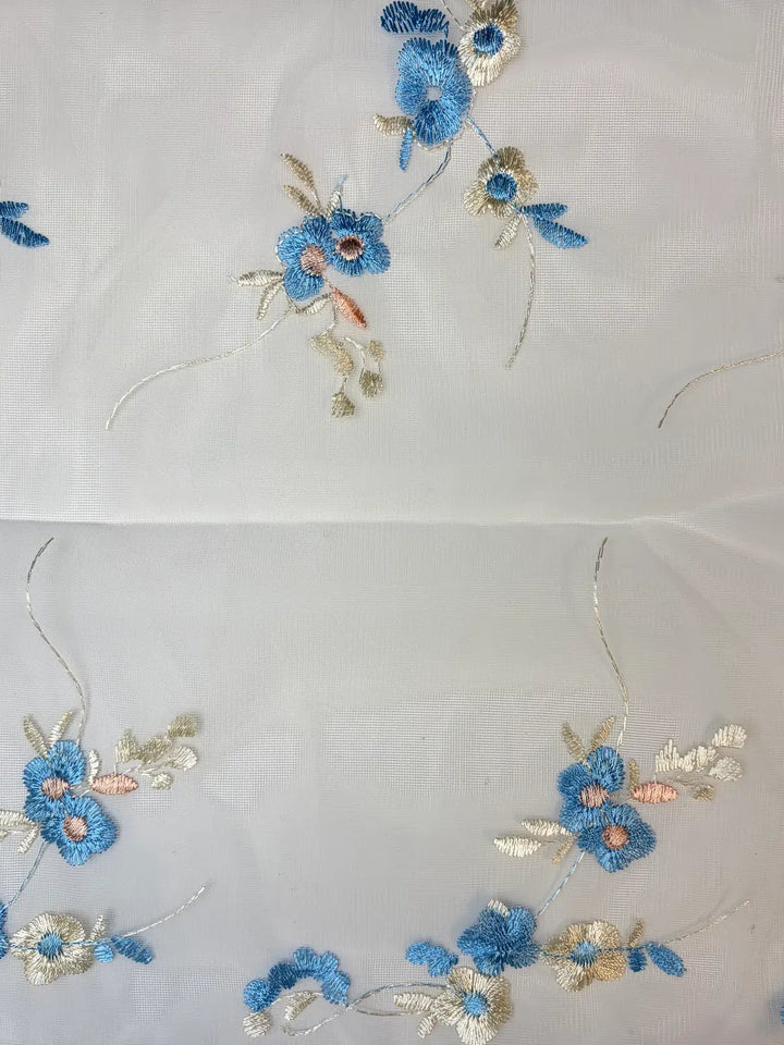 Blue and Pink Bordered Floral Embroidery on White Mesh | Lace