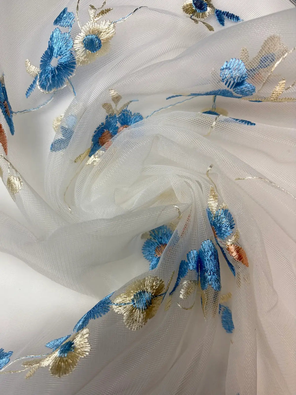 Blue and Pink Bordered Floral Embroidery on White Mesh | Lace
