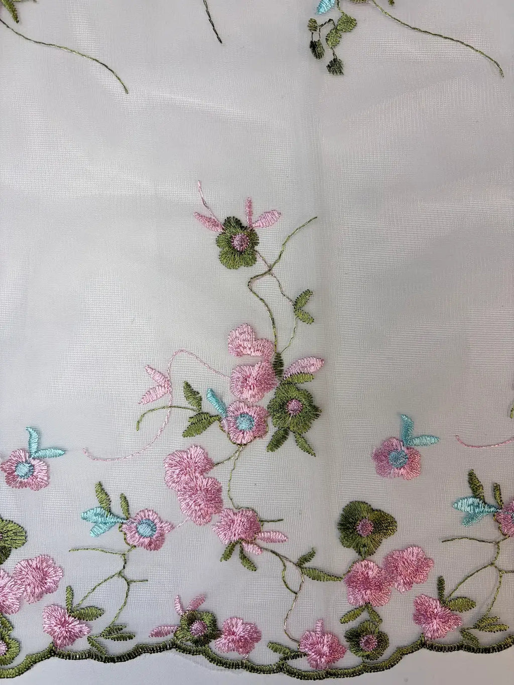 Pink and Green Bordered Floral Embroidery on White Mesh | Lace