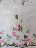 Pink and Green Bordered Floral Embroidery on White Mesh | Lace