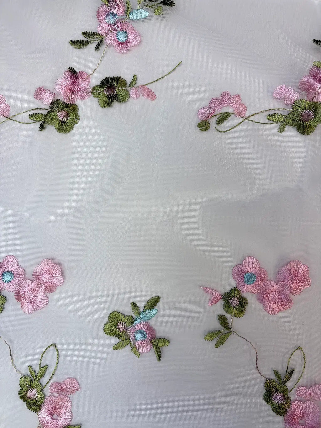 Pink and Green Bordered Floral Embroidery on White Mesh | Lace