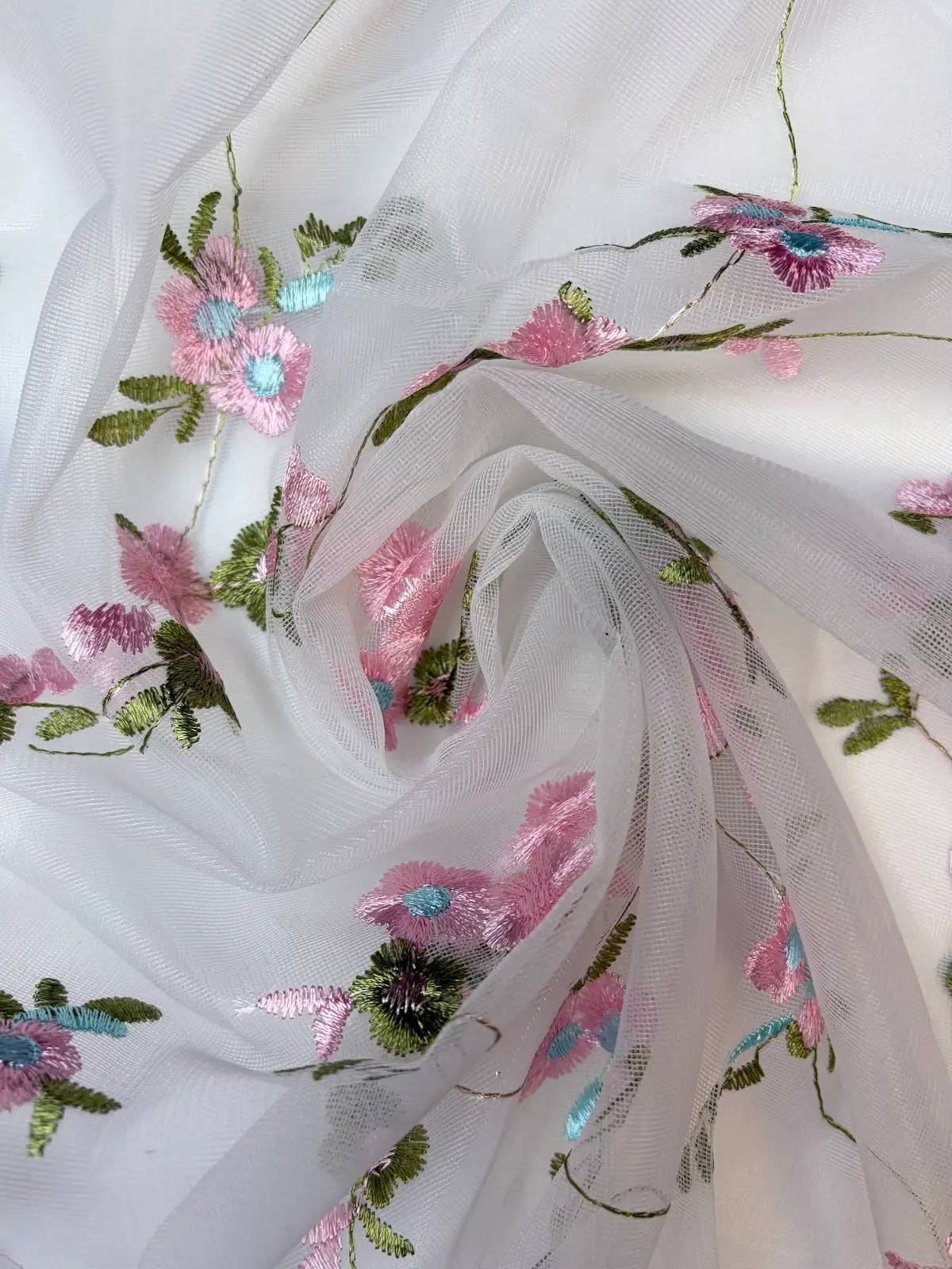 Pink and Green Bordered Floral Embroidery on White Mesh | Lace