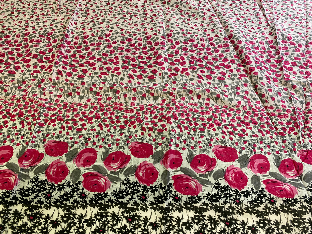 White and Red Border Flowers Print | Cotton Voile
