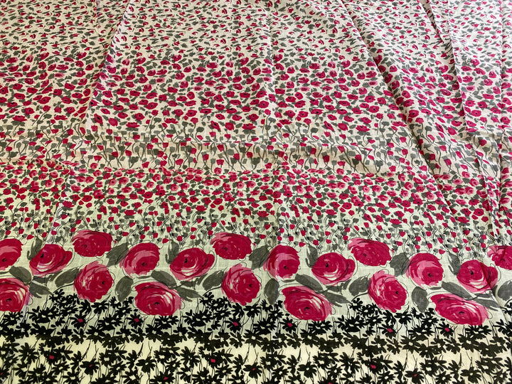 White and Red Border Flowers Print | Cotton Voile
