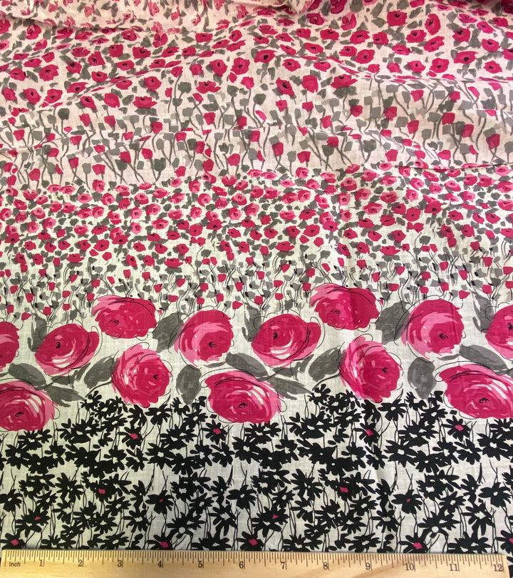 White and Red Border Flowers Print | Cotton Voile